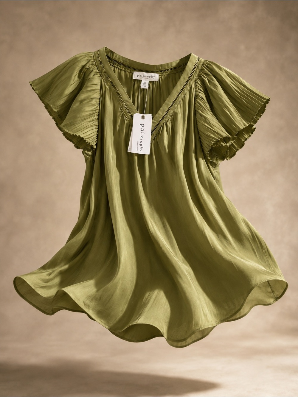 Philosophy Olive Green Pleated Flutter Sleeve V-Neck Blouse